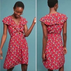 ANTHROPOLOGIE Maeve Rosalia Ruffle Faux Wrap Red Floral Dress Size 8